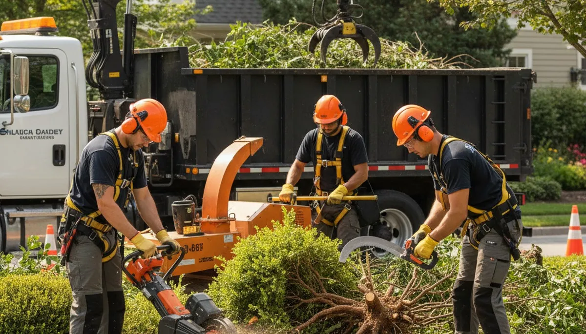 Wilmington, NC tree service crew removing overgrown shrubs for safe, efficient yard cleanup