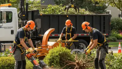 Wilmington, NC tree service crew removing overgrown shrubs for safe, efficient yard cleanup