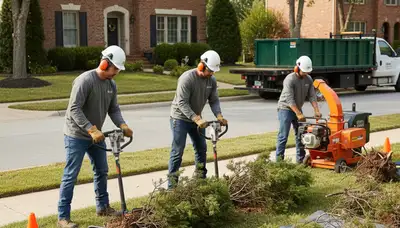Wilmington, NC crew removing overgrown shrubs for safe, efficient tree service cleanup