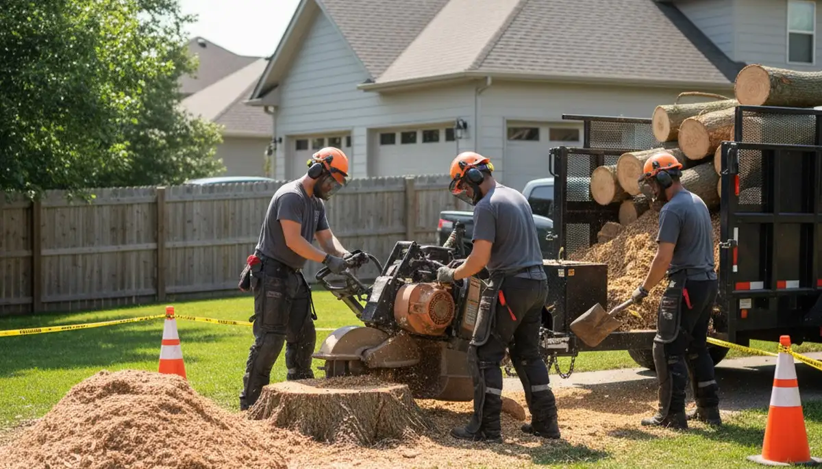 Wilmington, NC stump removal service clearing a tree stump from a lawn on a residential property