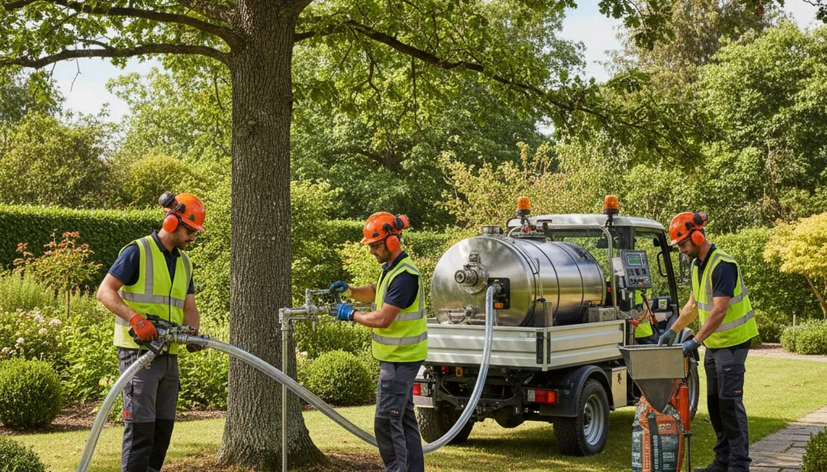 Tree care specialist applying fertilizer for healthy trees in Wilmington, NC