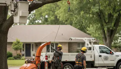 Wilmington, NC tree removal crew safely clearing a hazardous tree on a service property