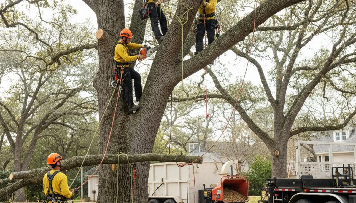 Wilmington, NC tree removal crew safely clearing a hazardous tree from a residential property