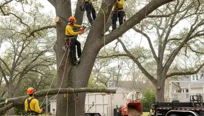 Wilmington, NC tree removal crew safely clearing a hazardous tree from a residential property