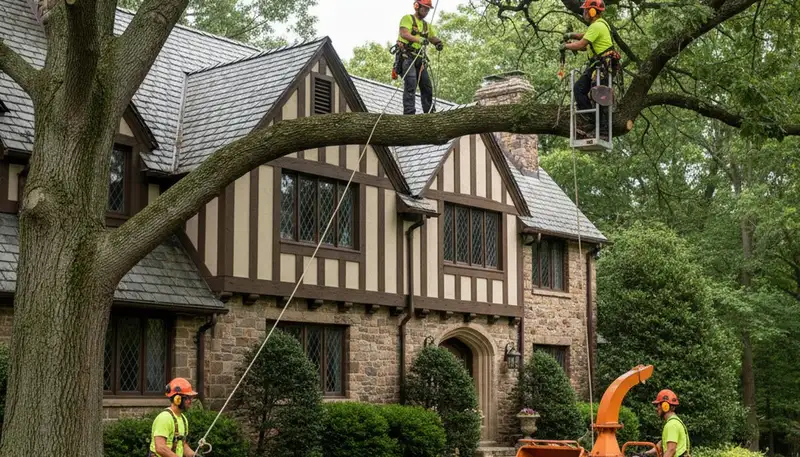 Tree service crew in Wilmington, NC performing professional tree removal for a local property