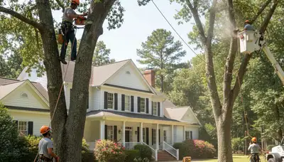 Tree service crew removing a tree in Wilmington, NC for safe property clearance